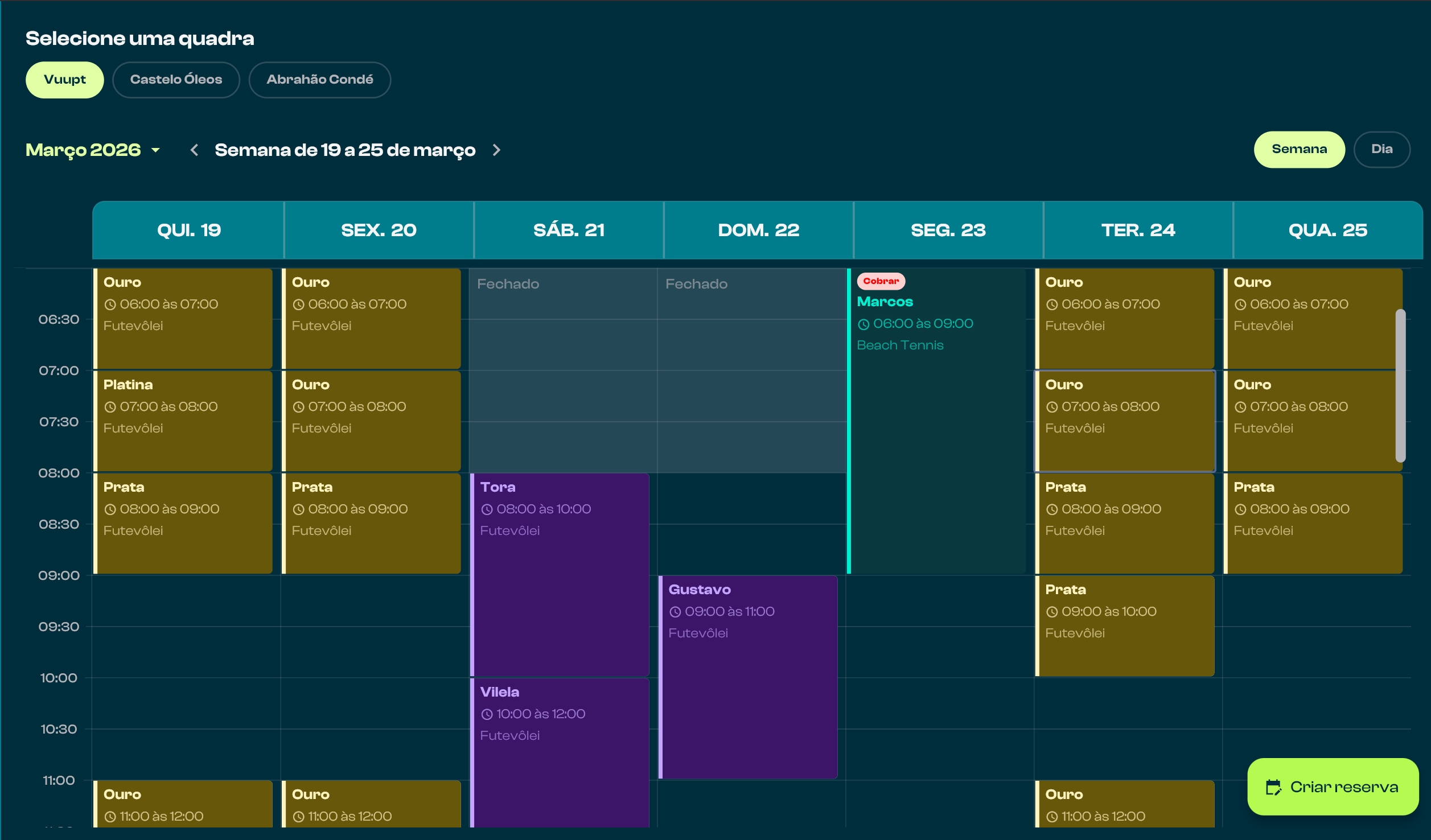 Preview da agenda do Minha Quadra